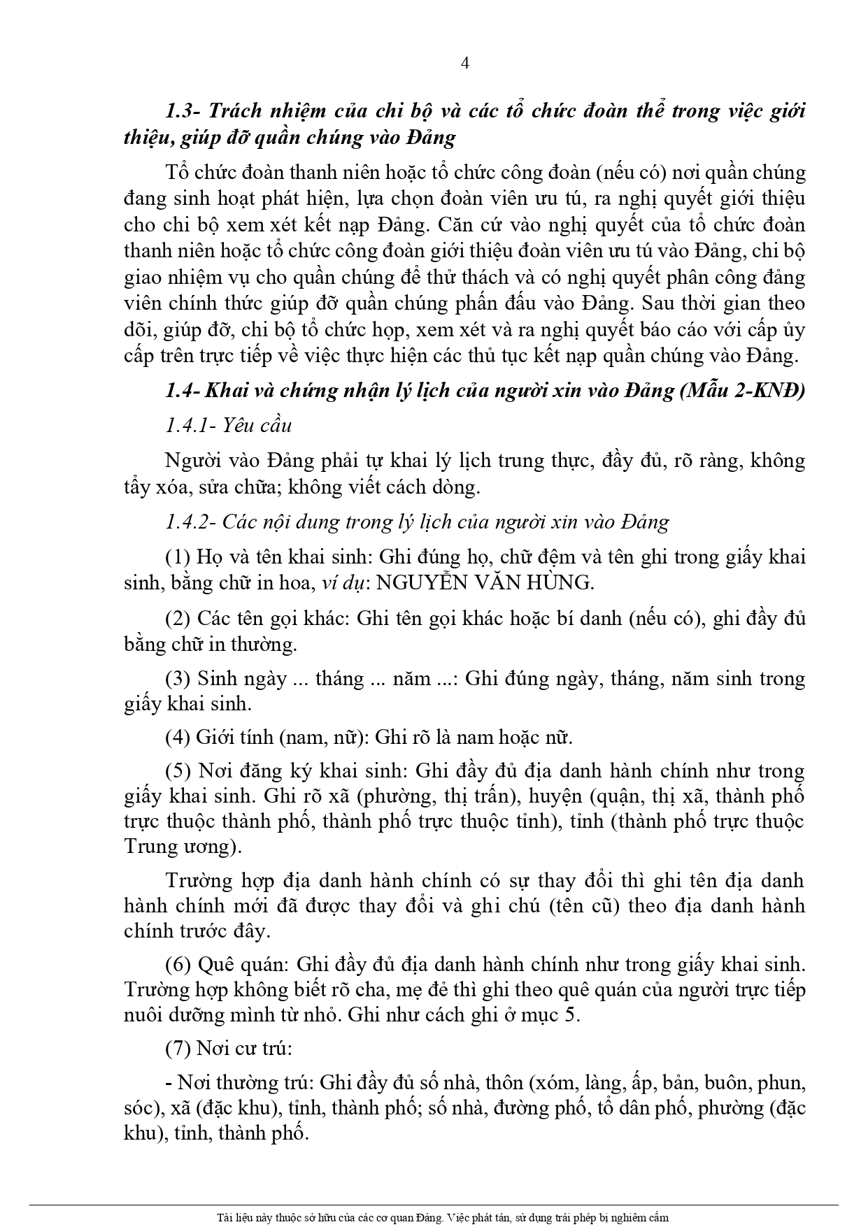 Hướng dẫn khai Lý lịch của người xin vào Đảng