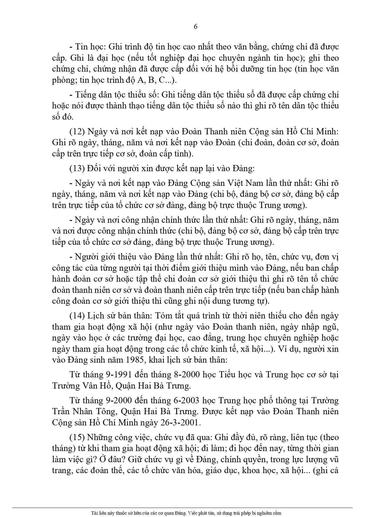 Hướng dẫn khai Lý lịch của người xin vào Đảng