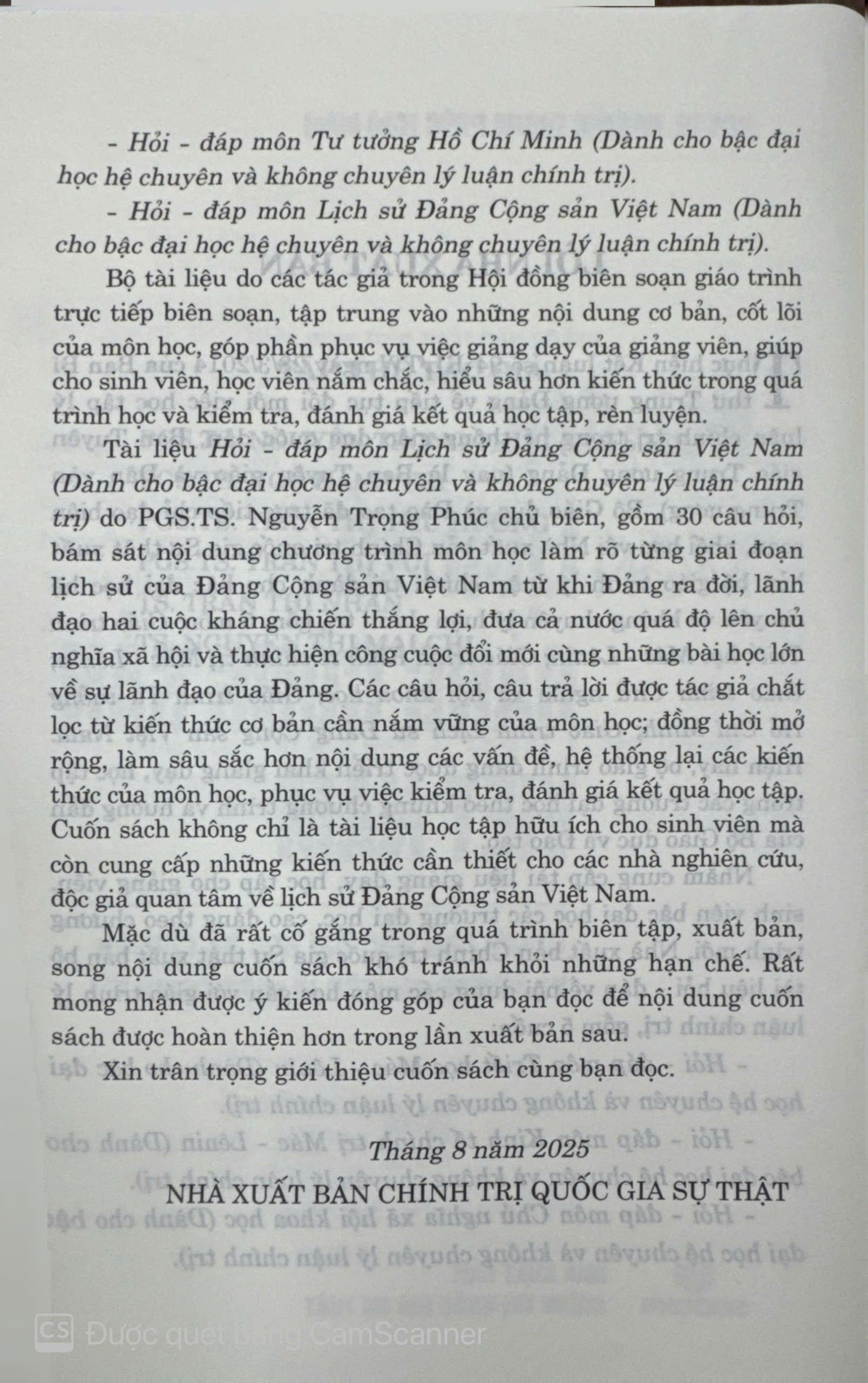 Hỏi - đáp môn Lịch sử Đảng Cộng sản Việt Nam (Dành cho bậc đại học hệ chuyên và không chuyên lý luận chính trị)