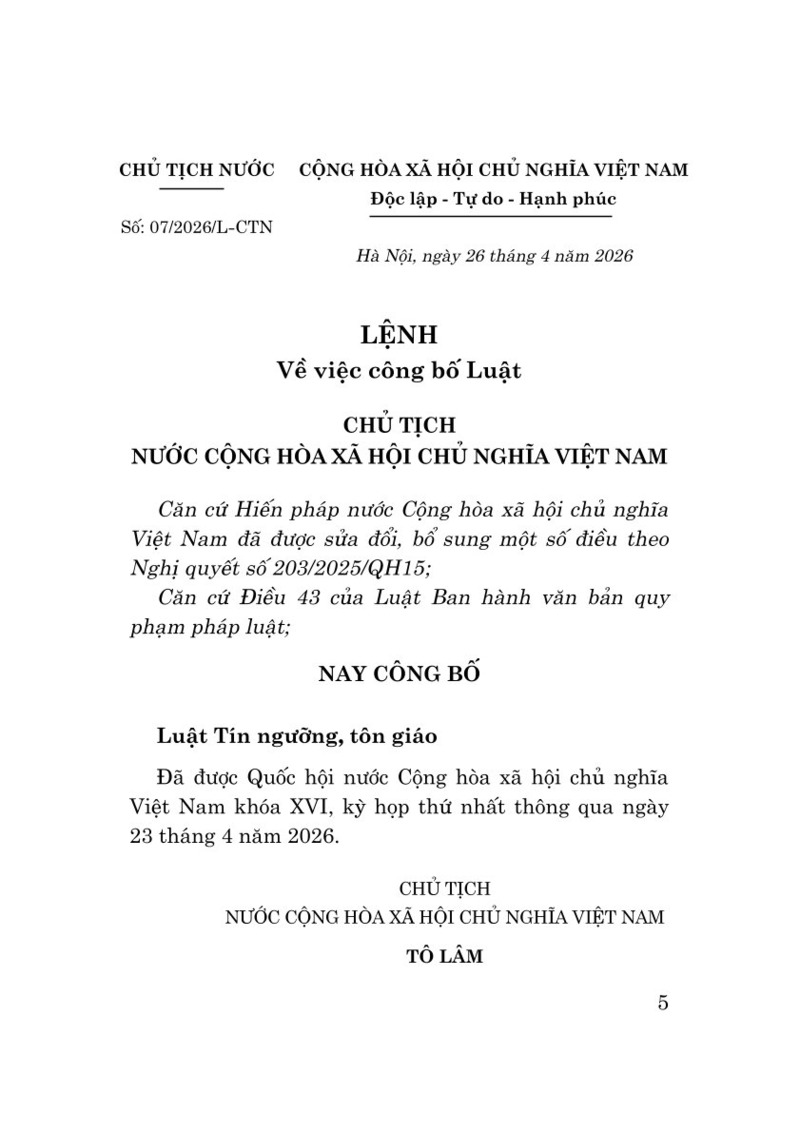 Luật Tín ngưỡng, tôn giáo năm 2026