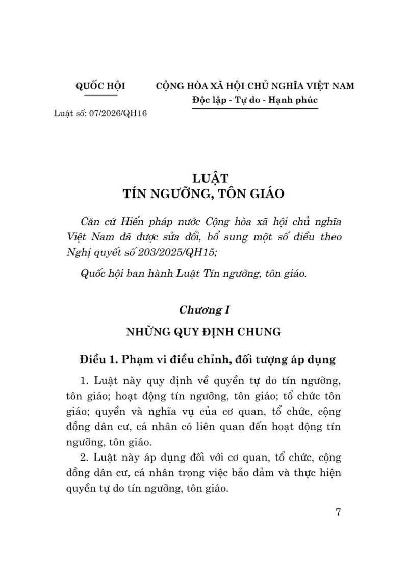 Luật Tín ngưỡng, tôn giáo năm 2026