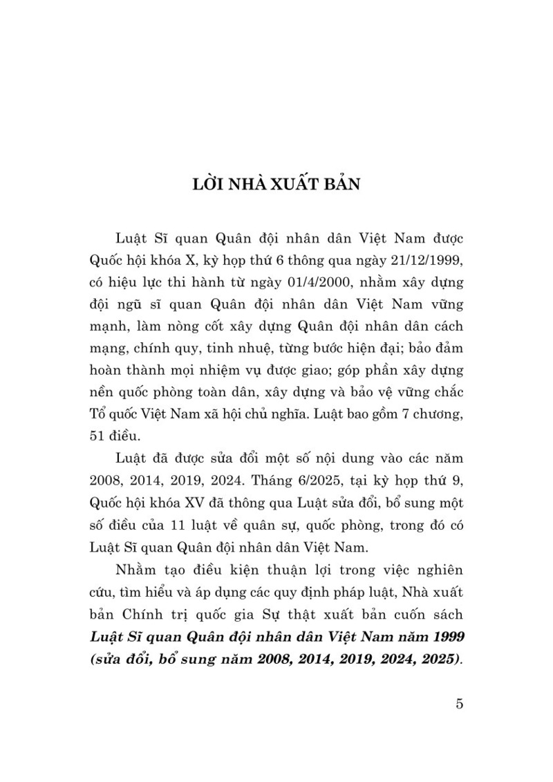 Luật Sĩ quan quân đội nhân dân Việt Nam năm 1999 (sửa  đổi, bổ sung năm 2008, 2014, 2019, 2024, 2025)