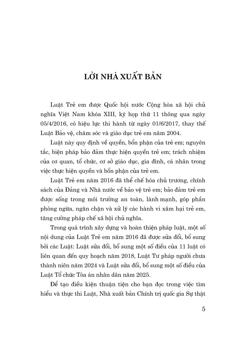 Luật Trẻ em năm 2016 (Sửa đổi, bổ sung năm 2018, 2024, 2025)