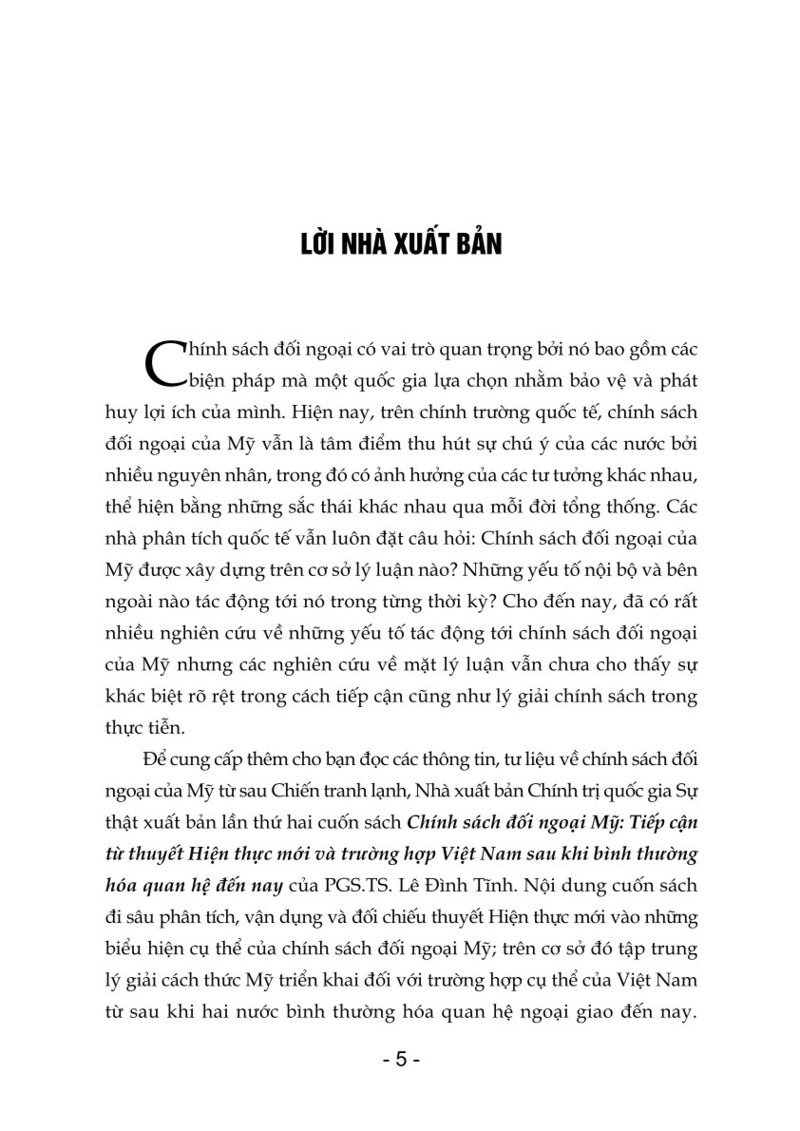 Chính sách đối ngoại Mỹ: Tiếp cận từ thuyết Hiện thực mới và trường hợp Việt Nam sau khi bình thường hóa quan hệ đến nay (Xuất bản lần thứ hai, có chỉnh sửa bổ sung)